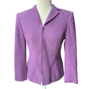 Kasper Womens Blazer Wool Blend Zip Collar Office Purple Knit